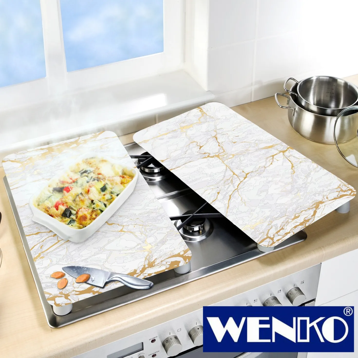 WENKO Herdabdeckplatten Universal Marmor Gold 2er Set, für alle Herdarten