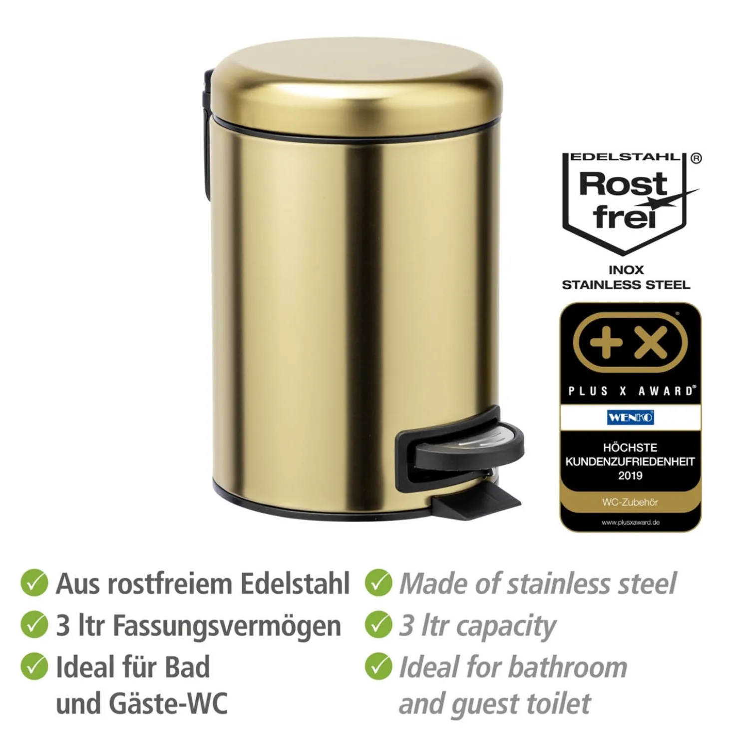 WENKO Kosmetik Treteimer Mod. Leman, Gold matt, 3 L, Edelstahl, 3 Liter