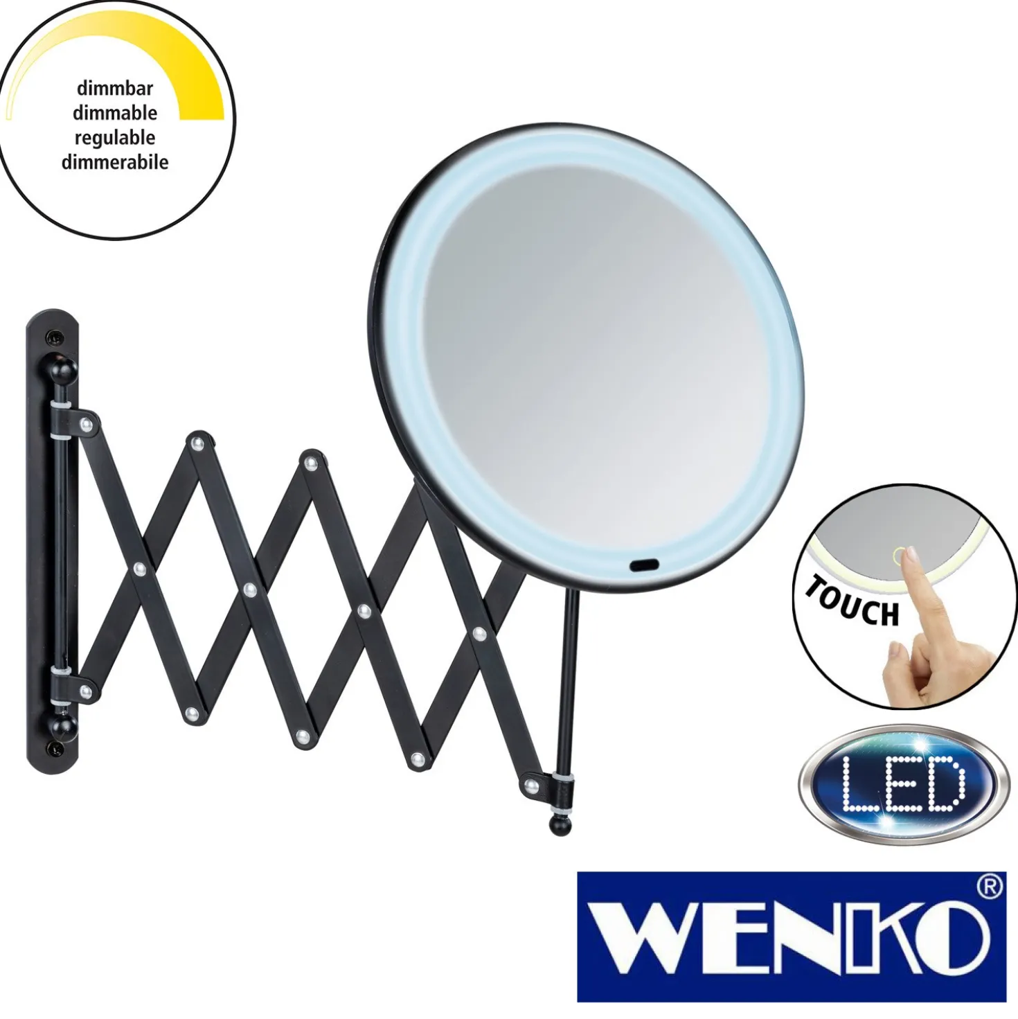 WENKO LED Teleskop-Wandspiegel Barona Schwarz, Mit Touch-Funktion