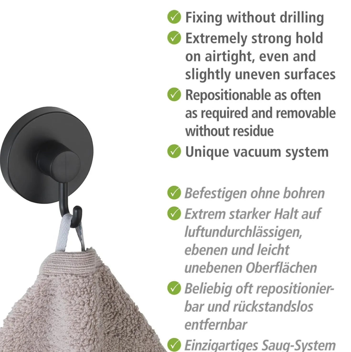 WENKO Mod. Vacuum-Loc® Haken Schwarz 2er Set, Befestigen ohne Bohren