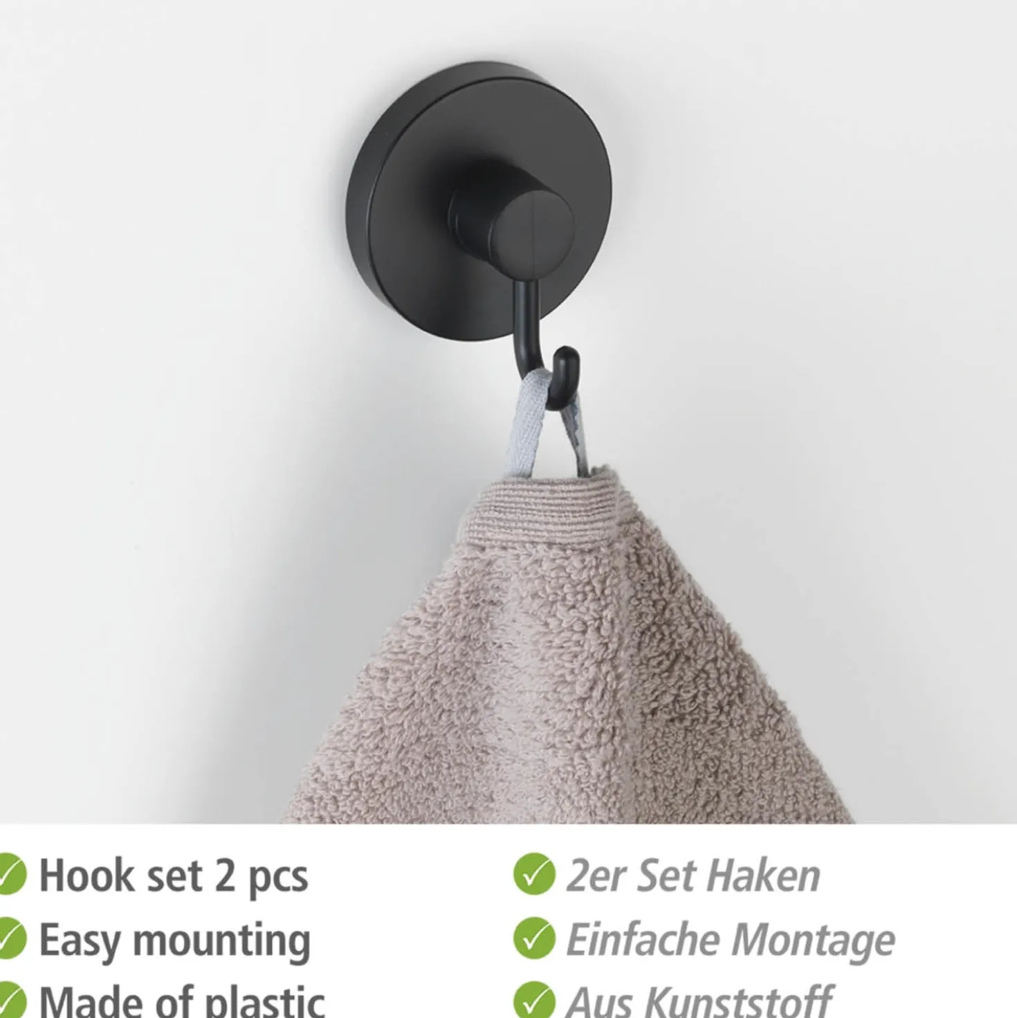 WENKO Mod. Vacuum-Loc® Haken Schwarz 2er Set, Befestigen ohne Bohren