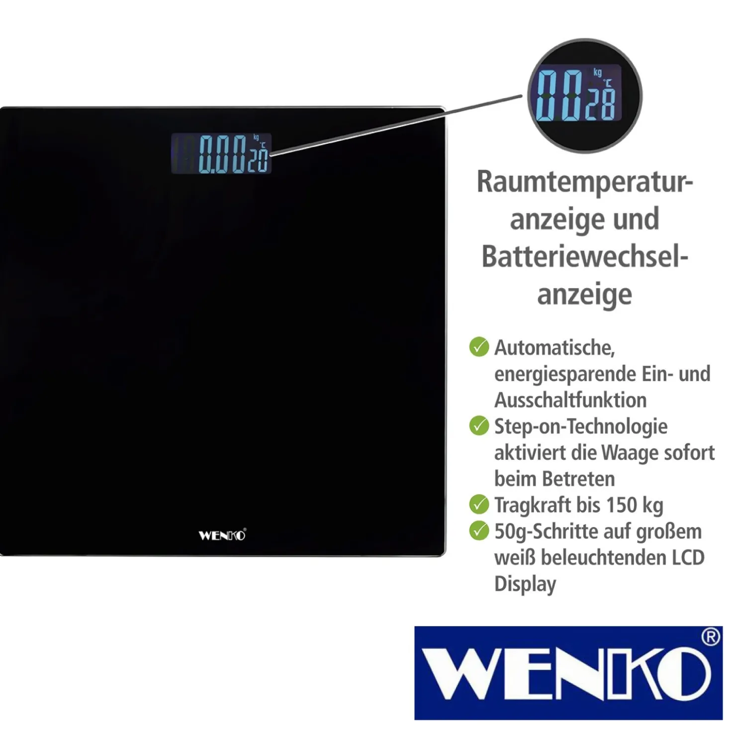 WENKO Personenwaage LCD Schwarz, digitale Körperwaage mit LCD-Display