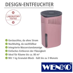 WENKO Raumentfeuchter Drop Rosa 1000 g, senkt die Luftfeuchtigkeit