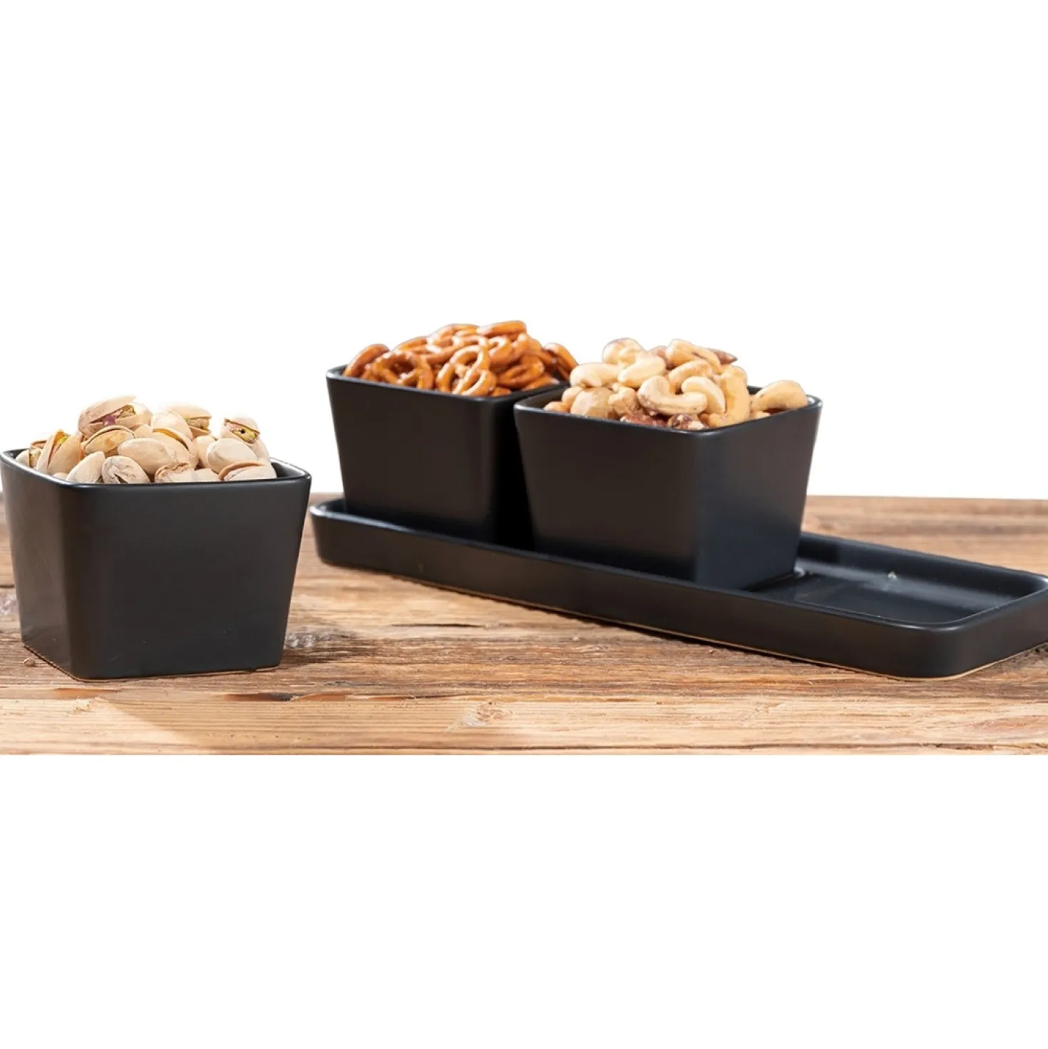 WENKO Snack & Dip Schalen Set Schwarz matt, Tablett mit 3 x 300 ml Schalen