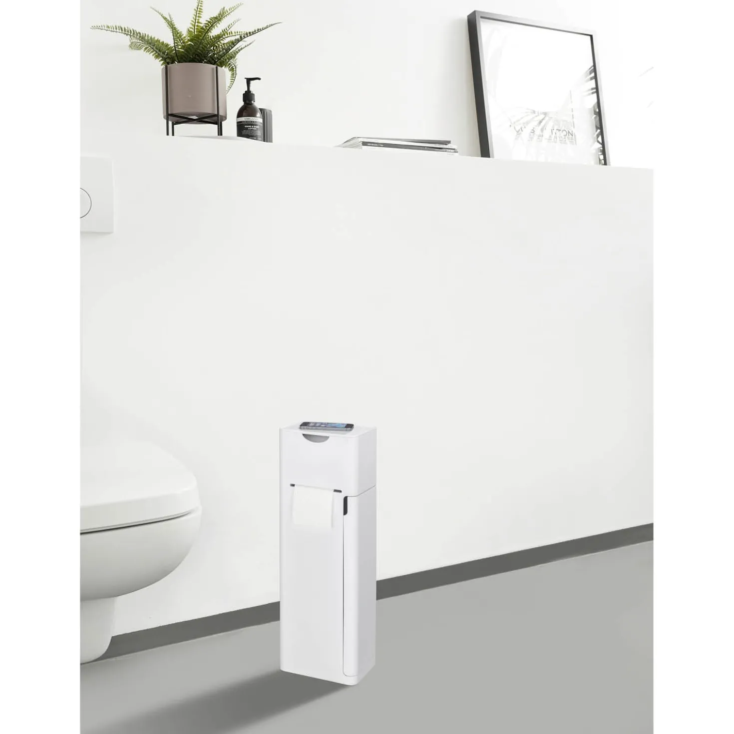 WENKO Stand WC-Garnitur Mod. Imon 6 in 1 Weiß matt, integrierter Toilettenpapierhalter, WC-Bürstenhalter