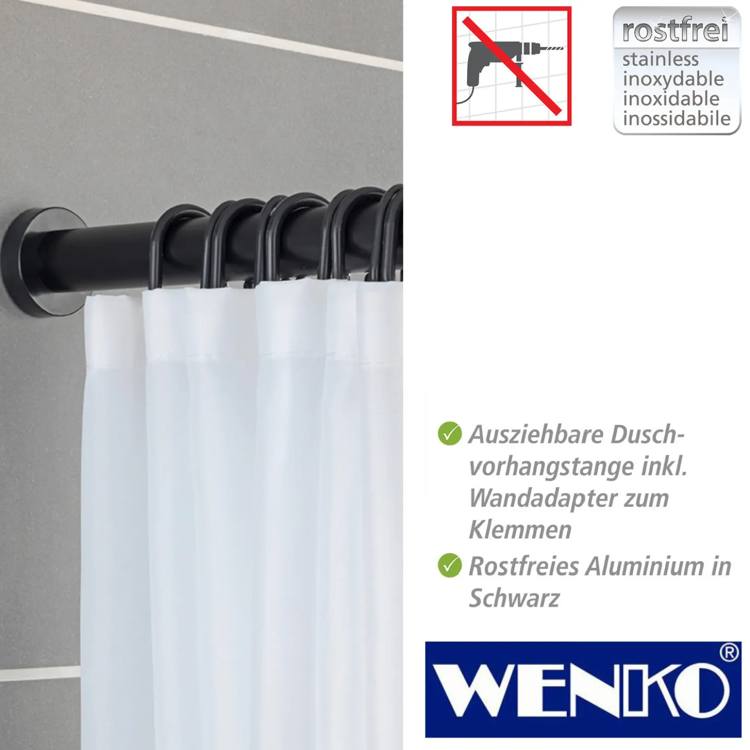 WENKO Teleskop-Duschstange "Luz" 70 - 115 cm schwarz aus Aluminium