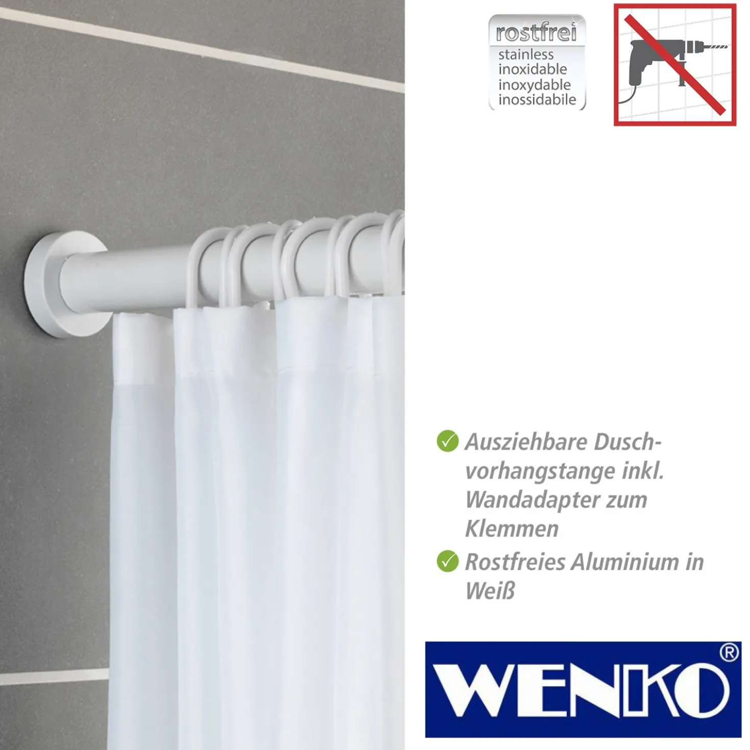 WENKO Teleskop-Duschstange Luz 110 - 185 cm, Weiß, Ausziehbare Duschvorhangstange aus rostfreiem Aluminium