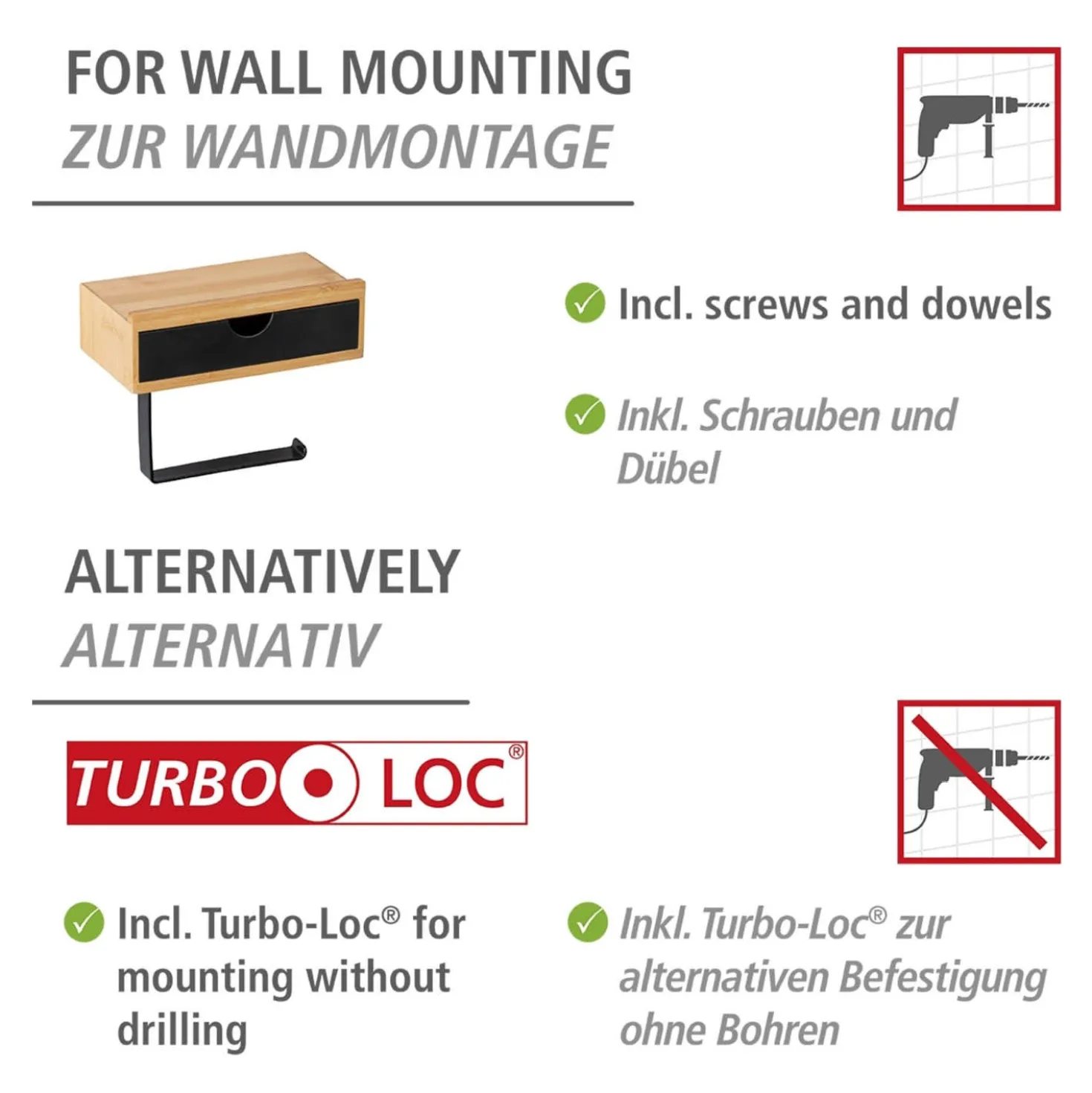 WENKO Toilettenpapierrollenhalter mit Schublade Mod. Bambusa, zur Wandmontage