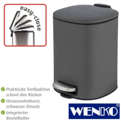 WENKO Treteimer Alassio, Grau 5 L, Easy-Close Absenkautomtik