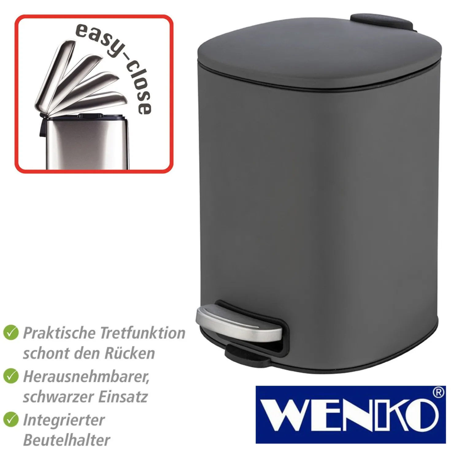 WENKO Treteimer Alassio, Grau 5 L, Easy-Close Absenkautomtik