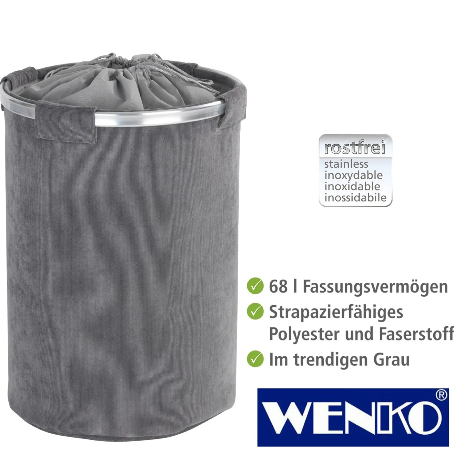WENKO Wäschesammler Cordoba Grau, Wäschekorb, 68 l